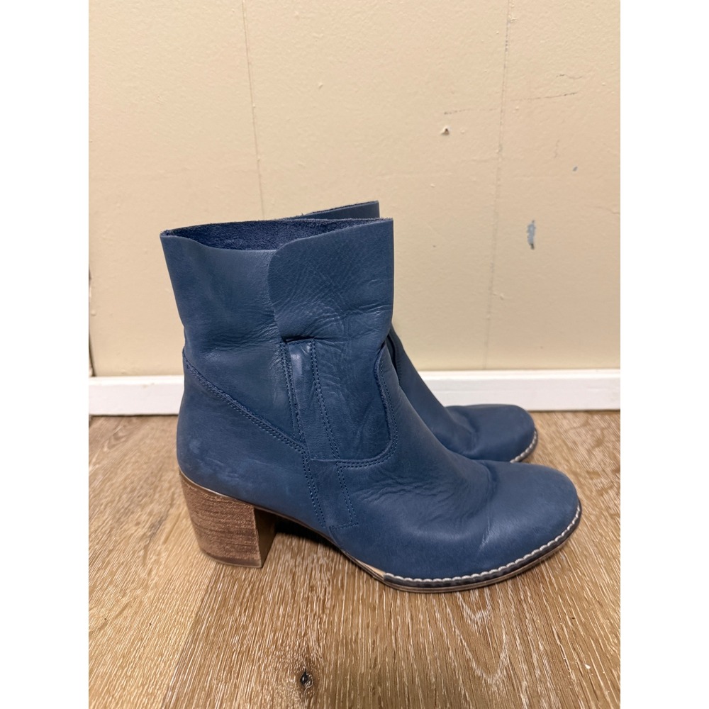 Fatte A Mano Italia Womens 38 Blue Leather Ankle Boots Block Heel Side Zip Boho - Picture 3 of 13